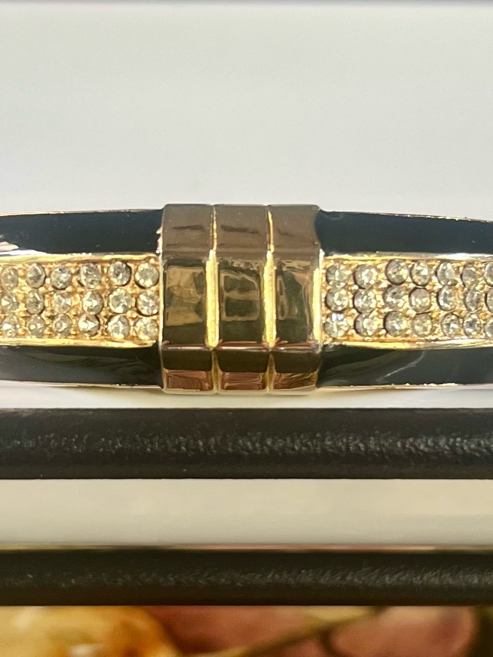 Valentino Gold and Black Enamel Bangle Bracelet withCrystal Pavé - Picture 2 of 11